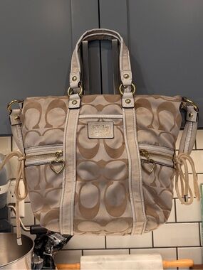 Coach Poppy 2012 Signature Canvas Tote Bag with Heart Zippers